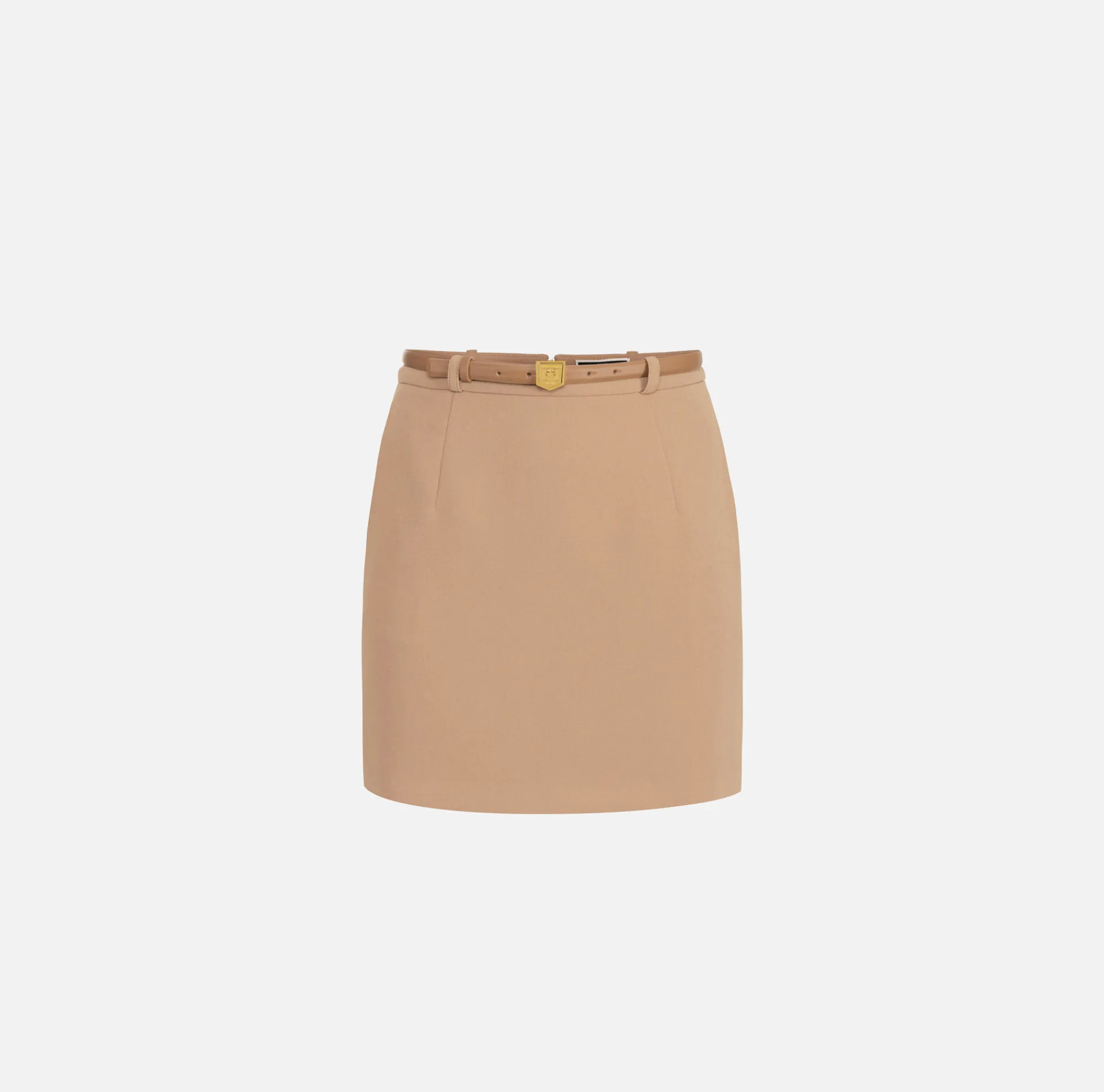 Elisabetta Franchi Skirts|Miniskirt in crêpe fabric with belt and embroidery Camel