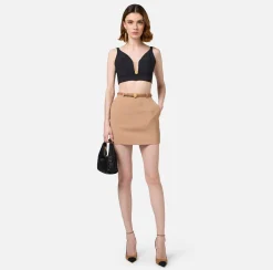 Elisabetta Franchi Skirts|Miniskirt in crêpe fabric with belt and embroidery Camel