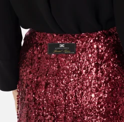 Elisabetta Franchi Skirts|Miniskirt tulle embroidered with sequin fringes RougeNoir