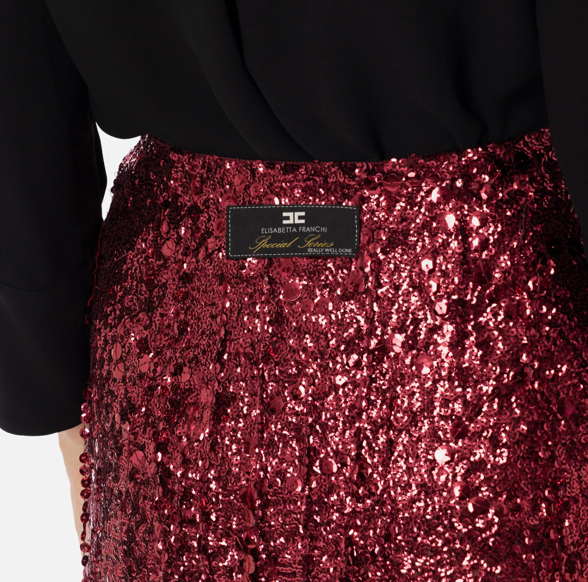 Elisabetta Franchi Skirts|Miniskirt tulle embroidered with sequin fringes RougeNoir