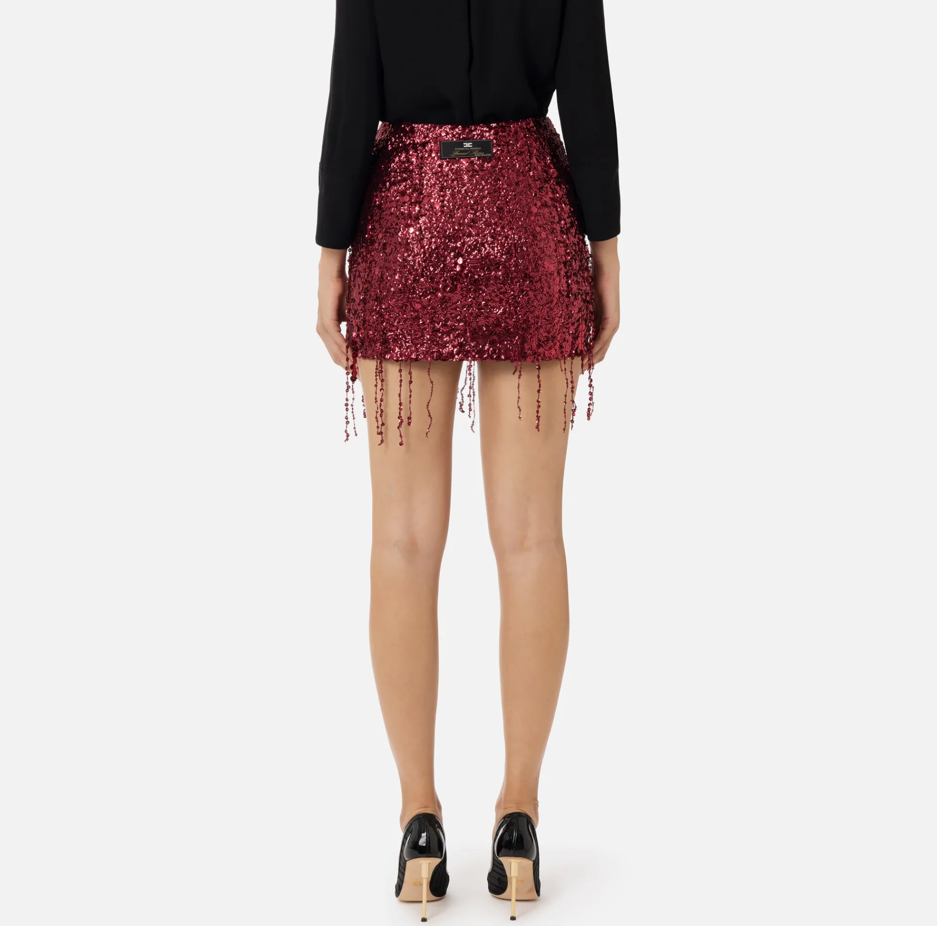 Elisabetta Franchi Skirts|Miniskirt tulle embroidered with sequin fringes RougeNoir