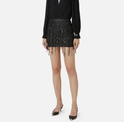 Elisabetta Franchi Skirts|Miniskirt tulle embroidered with sequin fringes Black