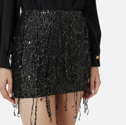 Elisabetta Franchi Skirts|Miniskirt tulle embroidered with sequin fringes Black