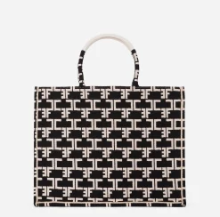 Elisabetta Franchi Handbags|Monogram Tote Large Black/Butter