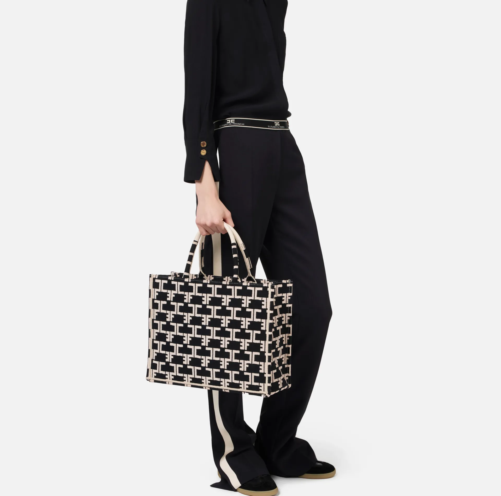 Elisabetta Franchi Handbags|Monogram Tote Medium Black/Butter