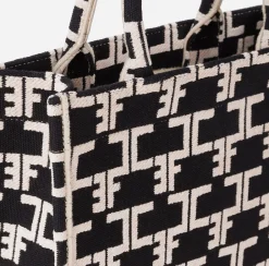 Elisabetta Franchi Handbags|Monogram Tote Small Black/Butter