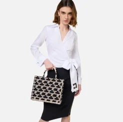 Elisabetta Franchi Handbags|Monogram Tote Small Black/Butter
