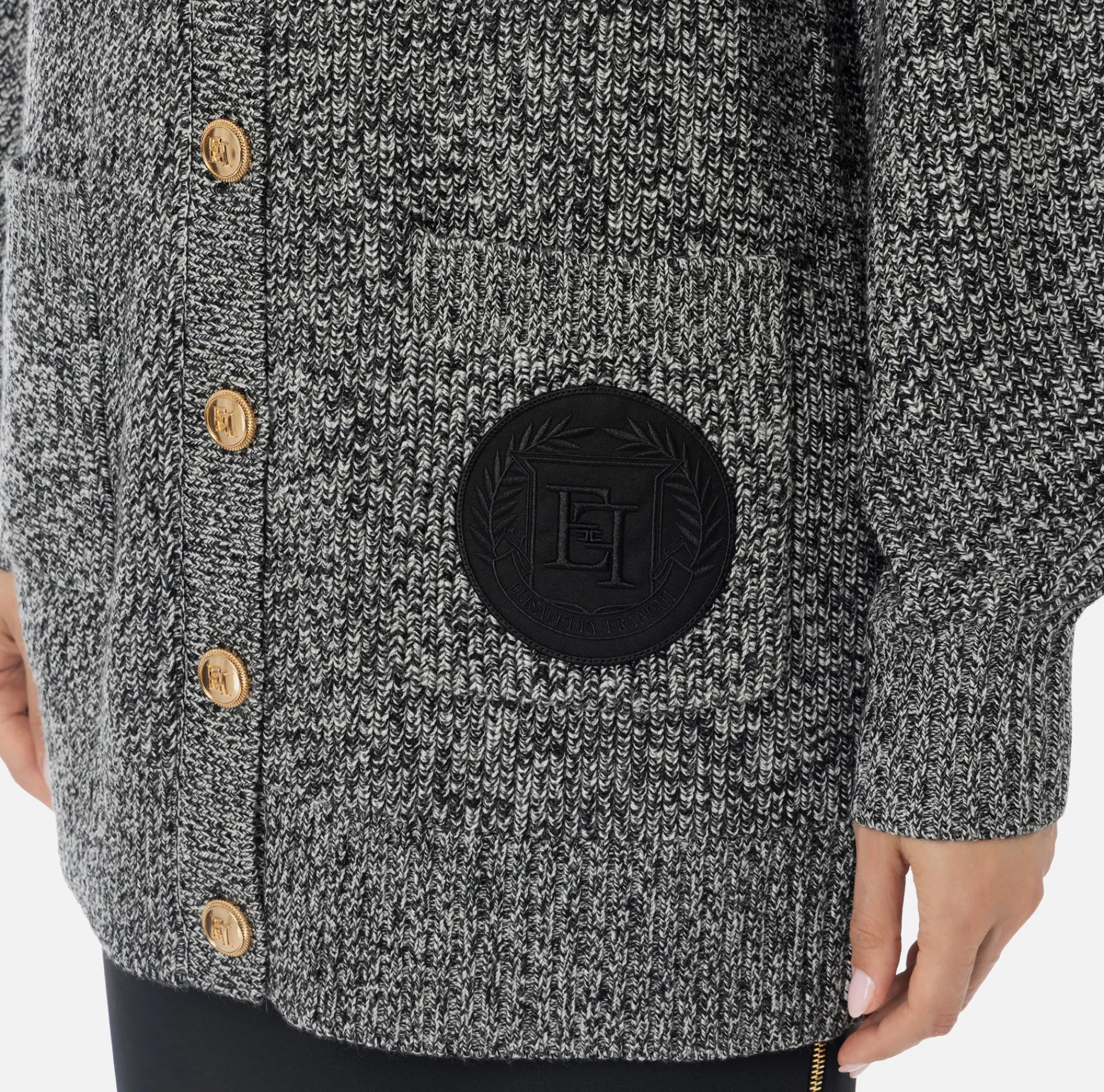 Elisabetta Franchi Knitwear And Sweatshirts|Mouliné viscose cardigan with logo patch Black/Butter