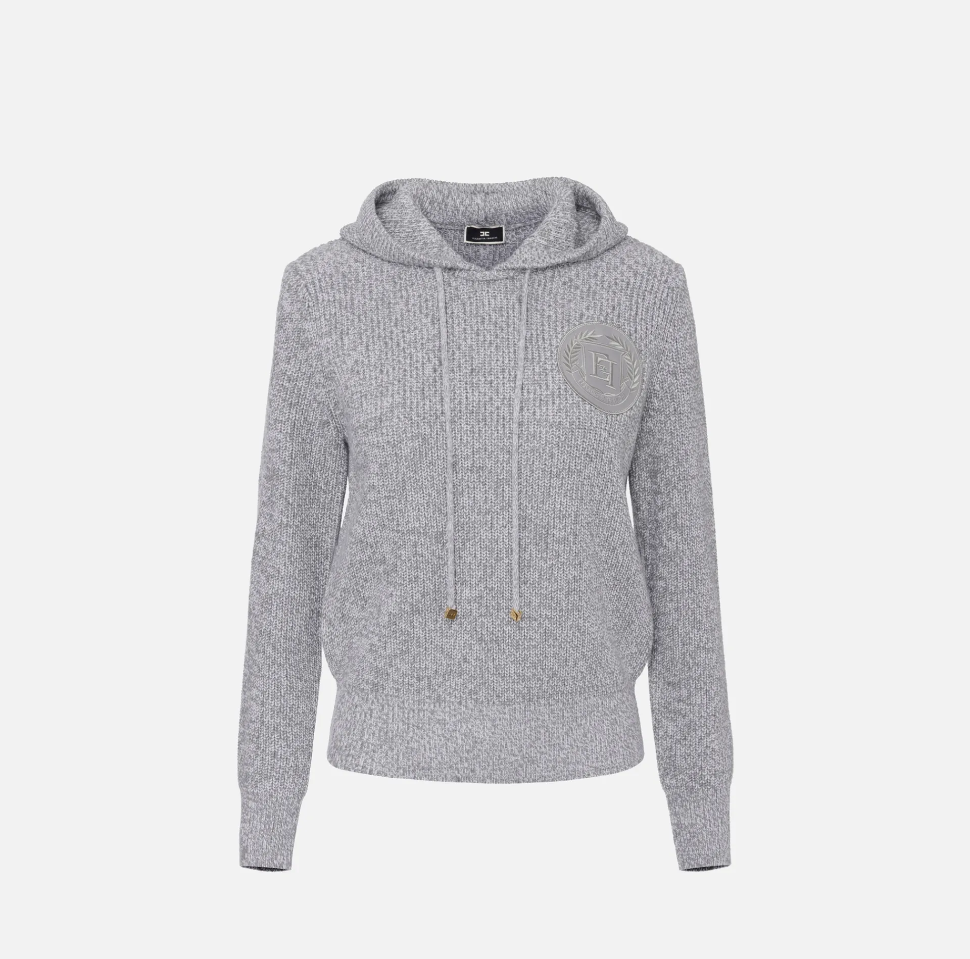 Elisabetta Franchi Knitwear And Sweatshirts|Mouliné viscose pullover with hood and logo patch Pearl/Ivory