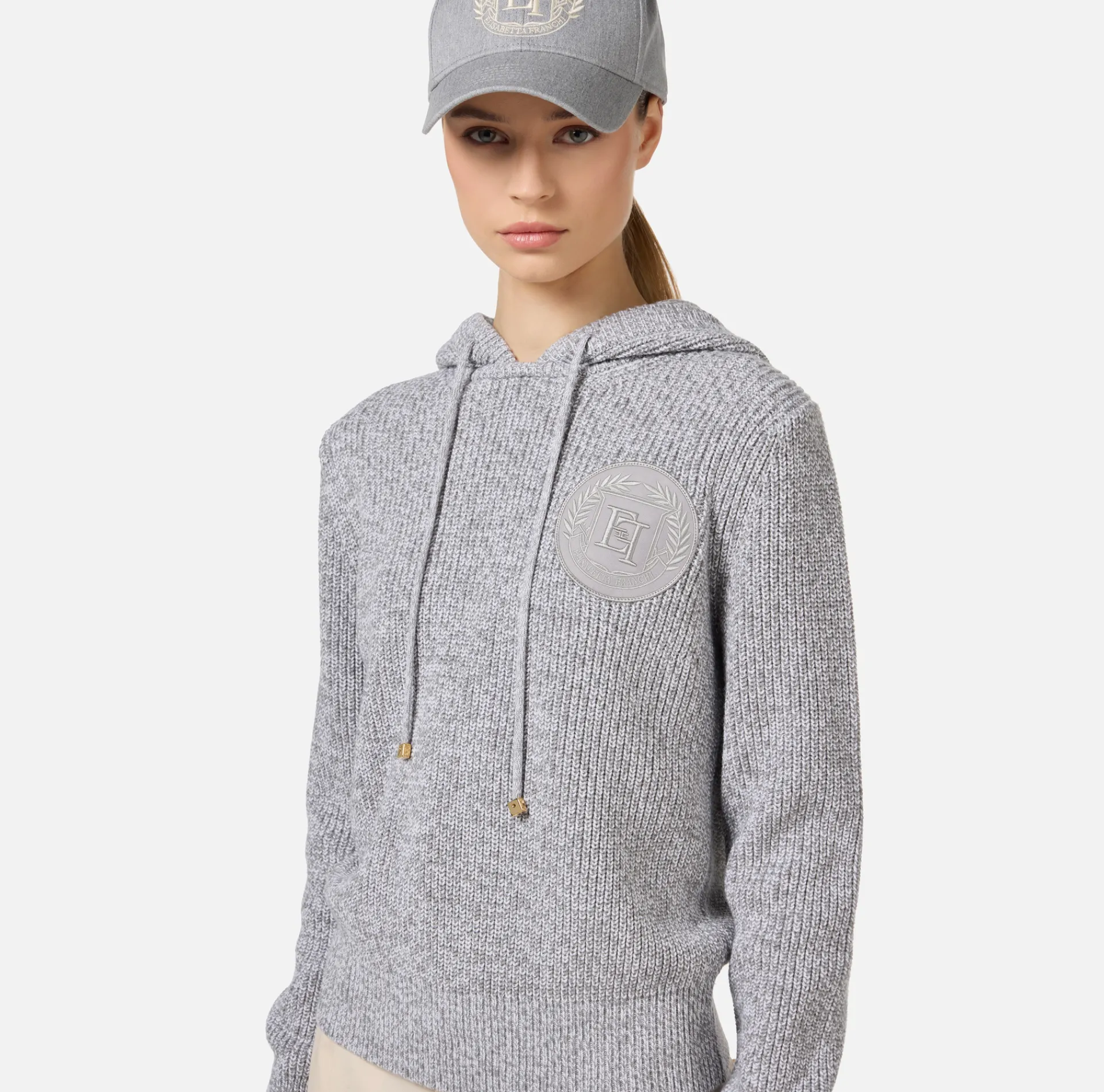 Elisabetta Franchi Knitwear And Sweatshirts|Mouliné viscose pullover with hood and logo patch Pearl/Ivory