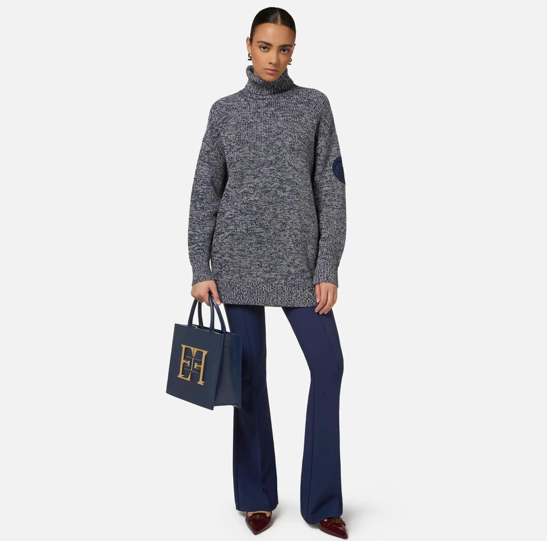 Elisabetta Franchi Knitwear And Sweatshirts|Mouliné viscose turtleneck with logo patch Navy/Latex