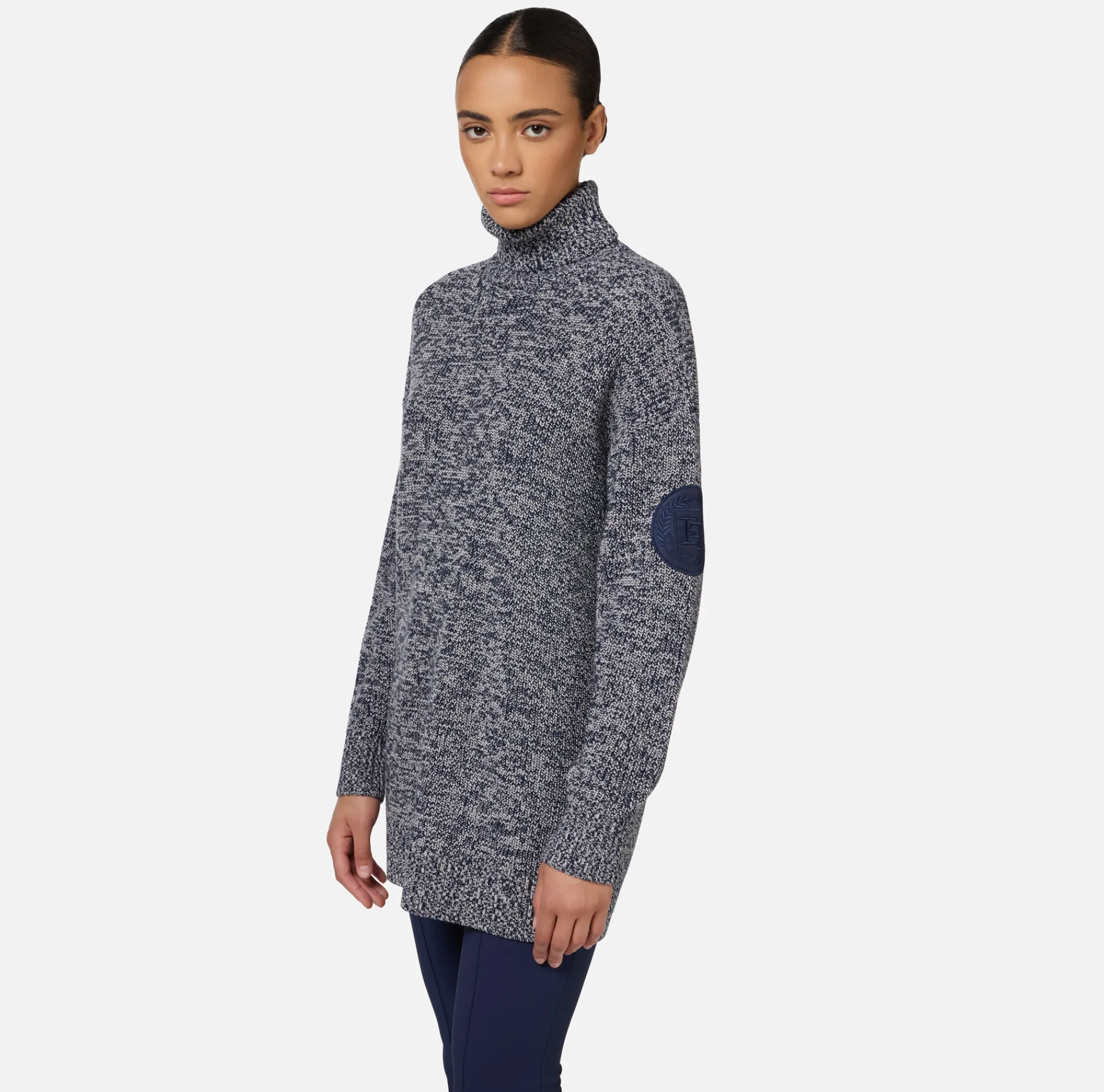 Elisabetta Franchi Knitwear And Sweatshirts|Mouliné viscose turtleneck with logo patch Navy/Latex