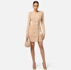 Elisabetta Franchi Mini Dresses|Knitted Dresses|Mouliné wool double-breasted coat dress with logo patch