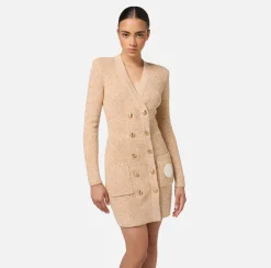Elisabetta Franchi Mini Dresses|Knitted Dresses|Mouliné wool double-breasted coat dress with logo patch