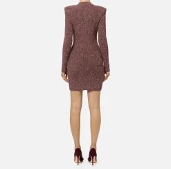 Elisabetta Franchi Mini Dresses|Knitted Dresses|Mouliné wool double-breasted coat dress with logo patch RougeNoir/PowderPink