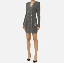 Elisabetta Franchi Mini Dresses|Knitted Dresses|Mouliné wool double-breasted coat dress with logo patch Black/Butter