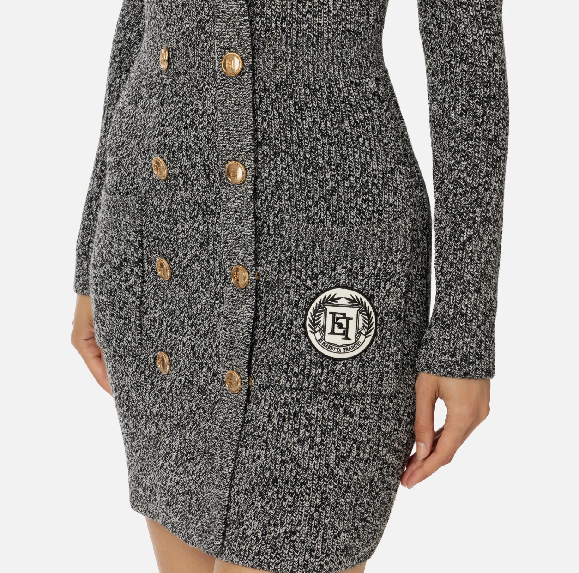 Elisabetta Franchi Mini Dresses|Knitted Dresses|Mouliné wool double-breasted coat dress with logo patch Black/Butter