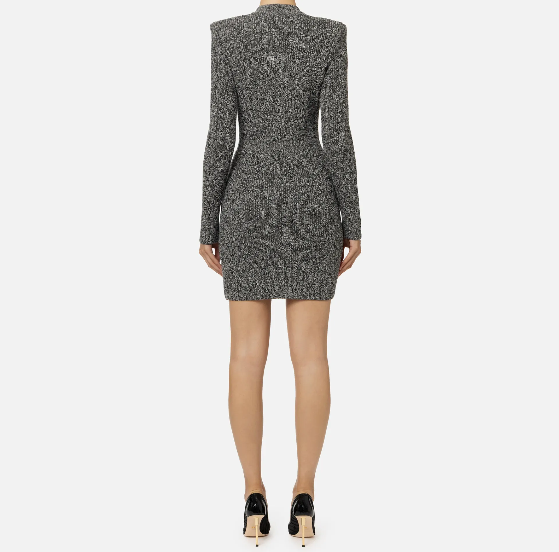 Elisabetta Franchi Mini Dresses|Knitted Dresses|Mouliné wool double-breasted coat dress with logo patch Black/Butter
