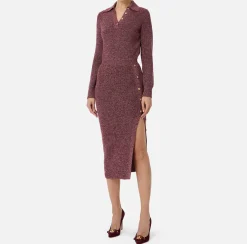 Elisabetta Franchi Midi Dresses|Knitted Dresses|Mouliné wool midi dress with logo patch RougeNoir/PowderPink