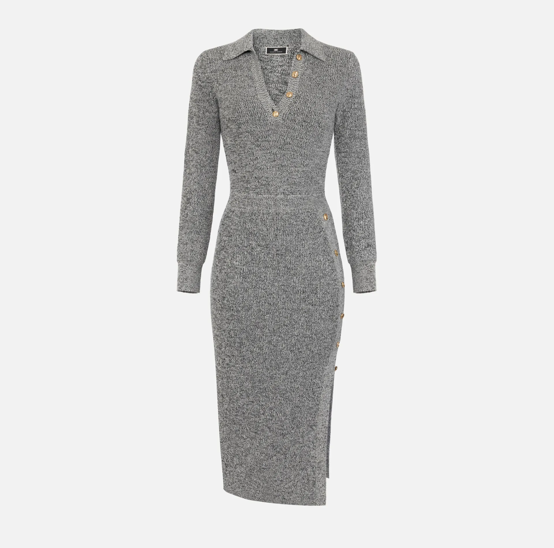 Elisabetta Franchi Midi Dresses|Knitted Dresses|Mouliné wool midi dress with logo patch Black/Butter
