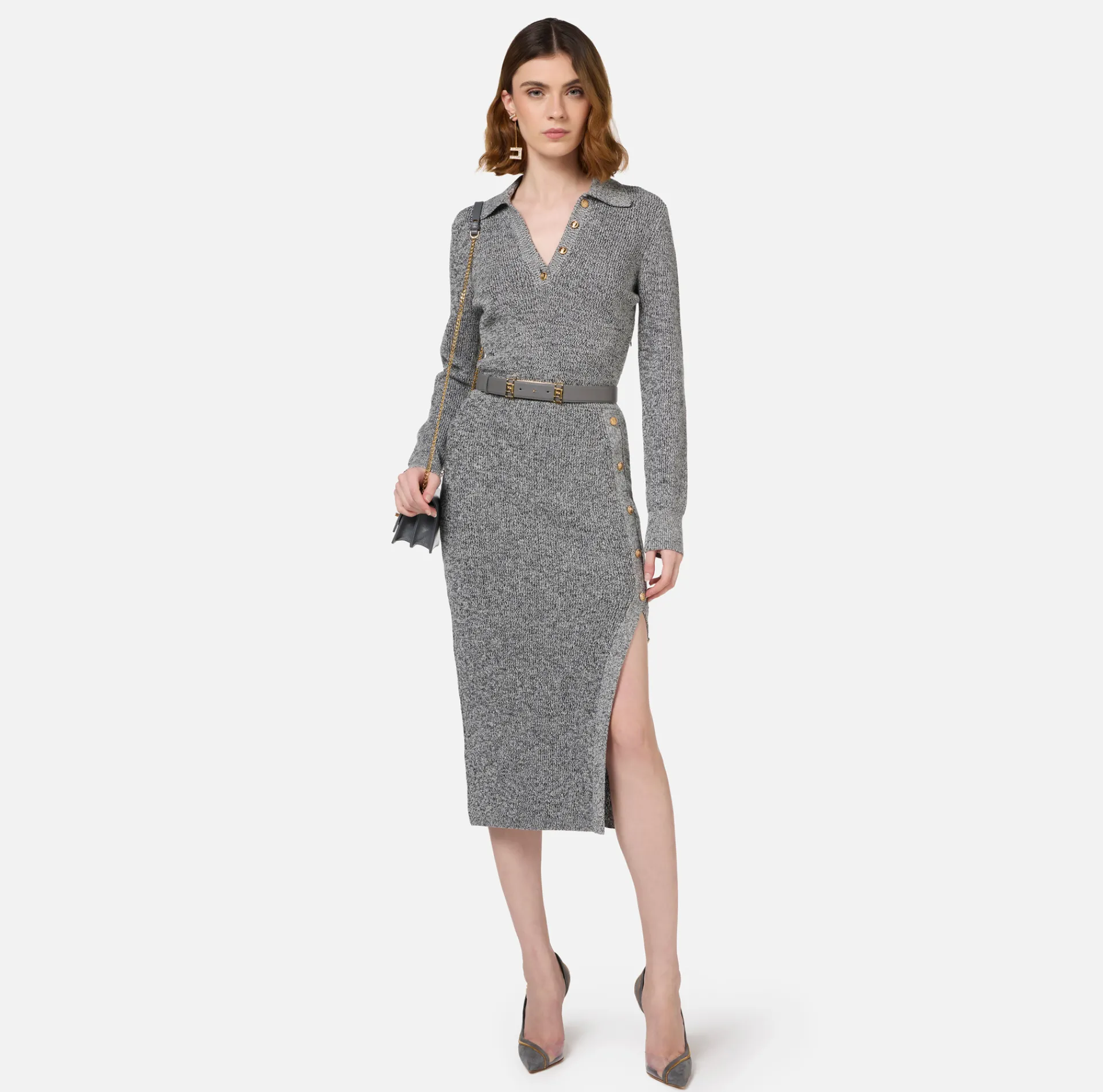 Elisabetta Franchi Midi Dresses|Knitted Dresses|Mouliné wool midi dress with logo patch Black/Butter