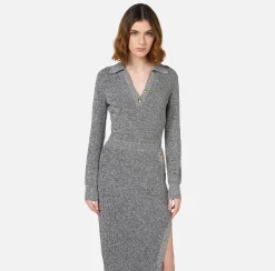 Elisabetta Franchi Midi Dresses|Knitted Dresses|Mouliné wool midi dress with logo patch Black/Butter