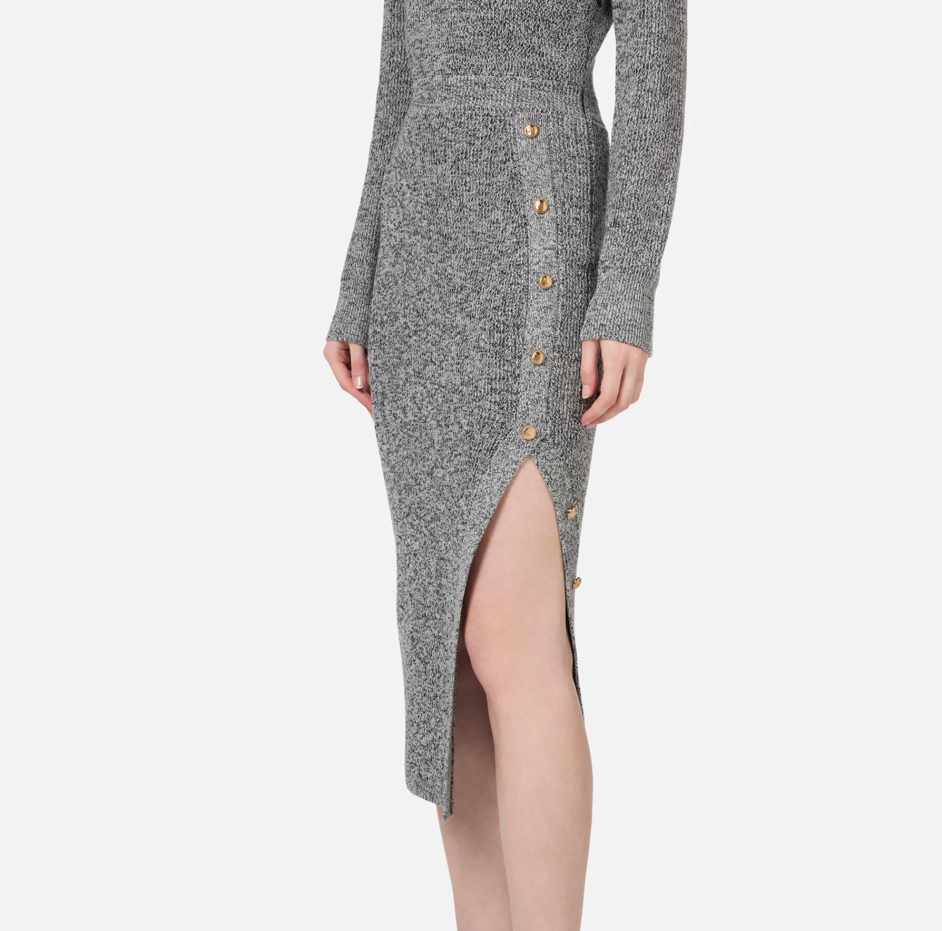 Elisabetta Franchi Midi Dresses|Knitted Dresses|Mouliné wool midi dress with logo patch Black/Butter