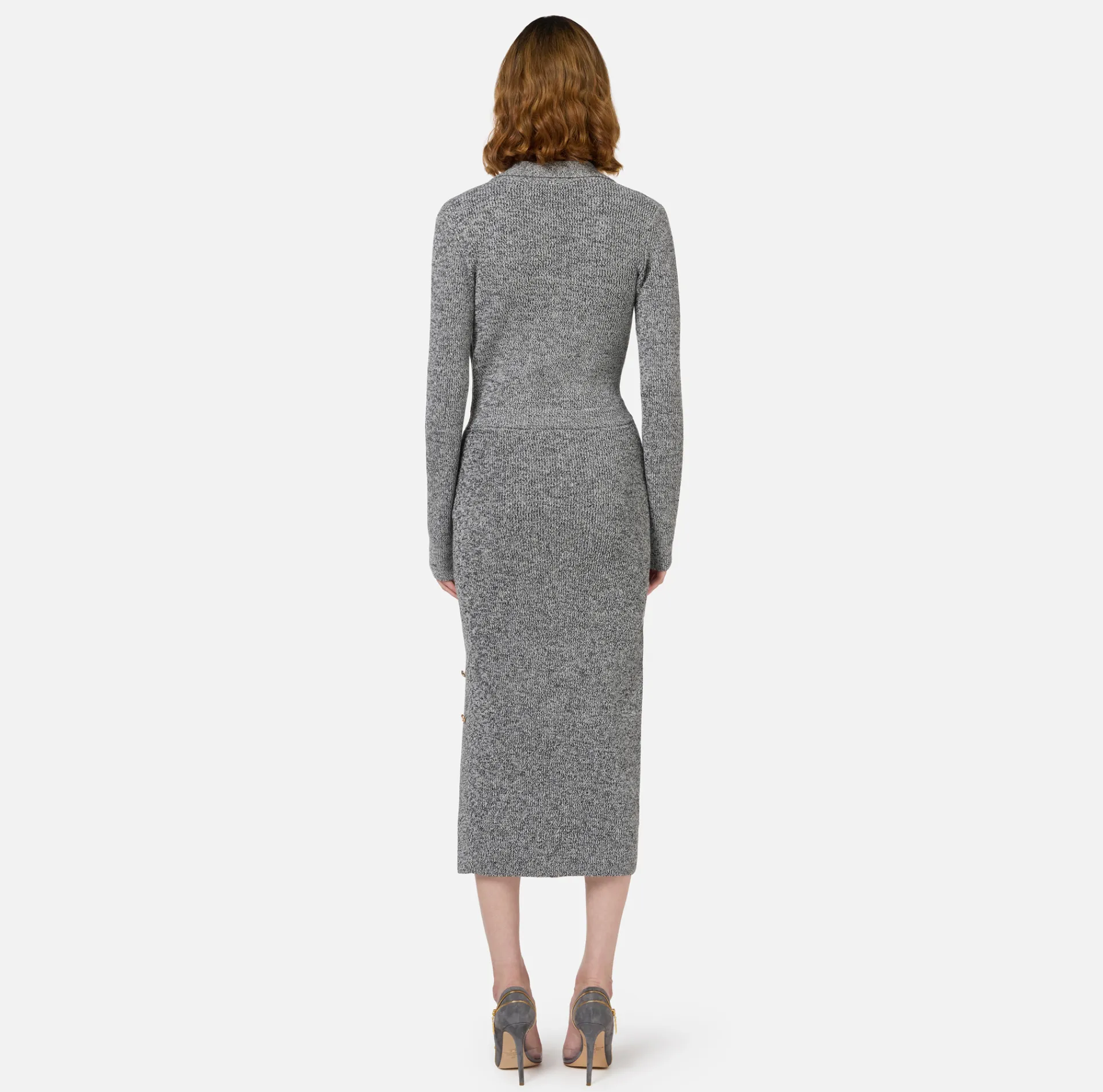 Elisabetta Franchi Midi Dresses|Knitted Dresses|Mouliné wool midi dress with logo patch Black/Butter