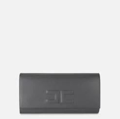 Elisabetta Franchi Clutch|Nappa leather baguette clutch bag with embossed logo Steel