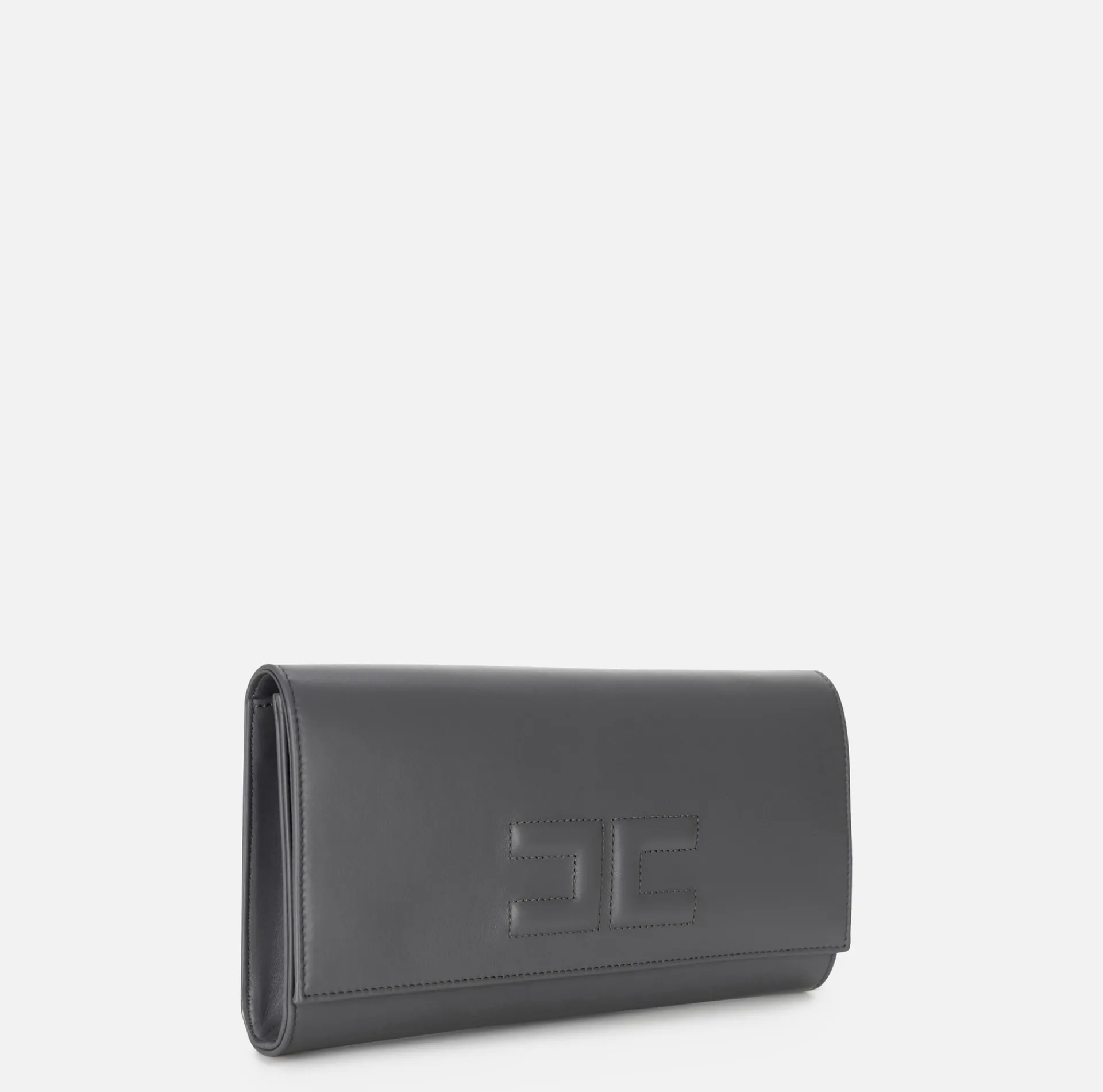 Elisabetta Franchi Clutch|Nappa leather baguette clutch bag with embossed logo Steel