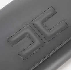 Elisabetta Franchi Clutch|Nappa leather baguette clutch bag with embossed logo Steel