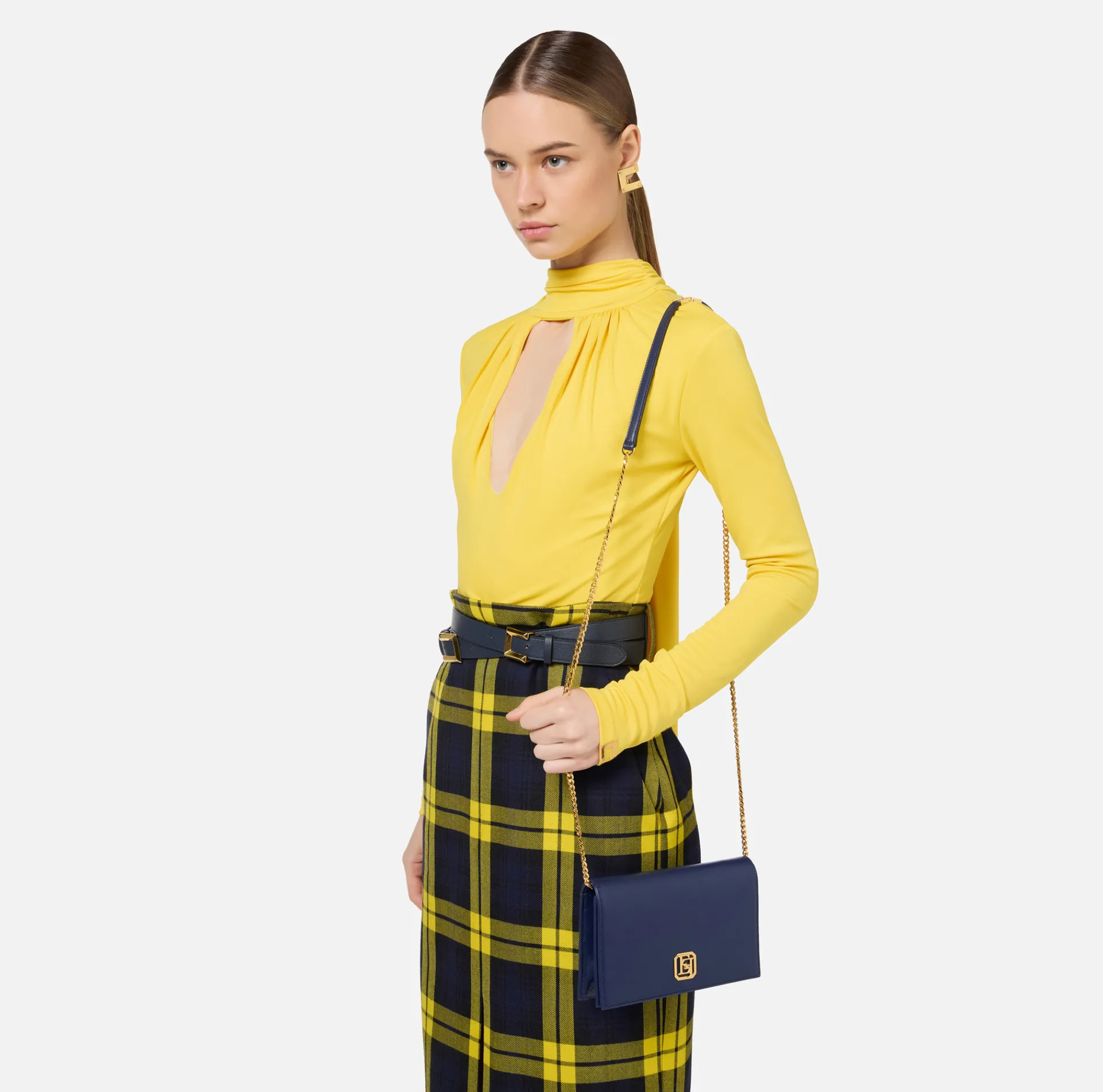 Elisabetta Franchi Strap Bags|Nappa leather shoulder bag with logo plaque Navy