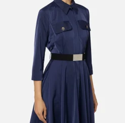 Elisabetta Franchi Midi Dresses|Dresses|Nylon midi shirt-dress with belt Navy
