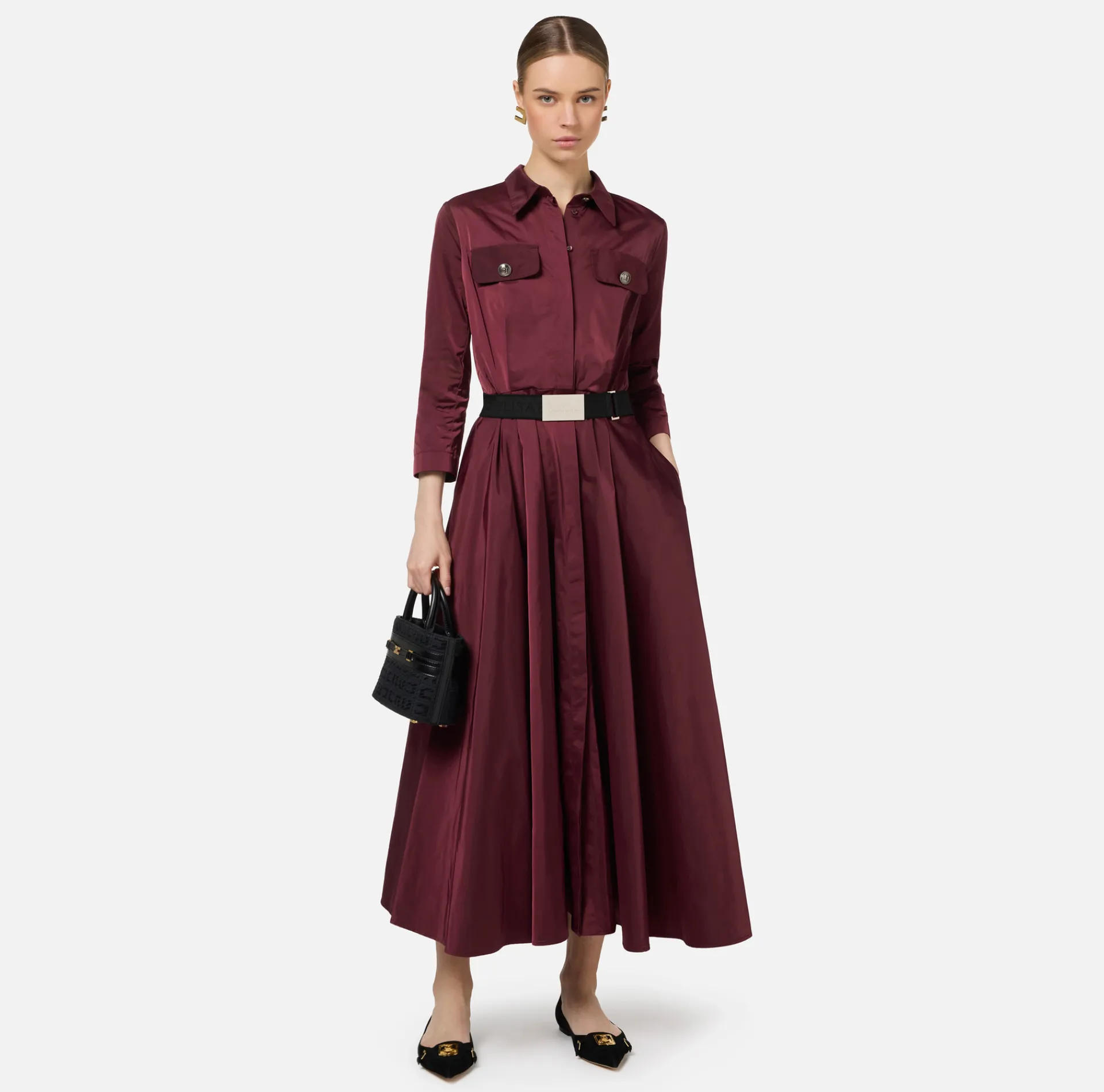 Elisabetta Franchi Midi Dresses|Dresses|Nylon midi shirt-dress with belt RougeNoir