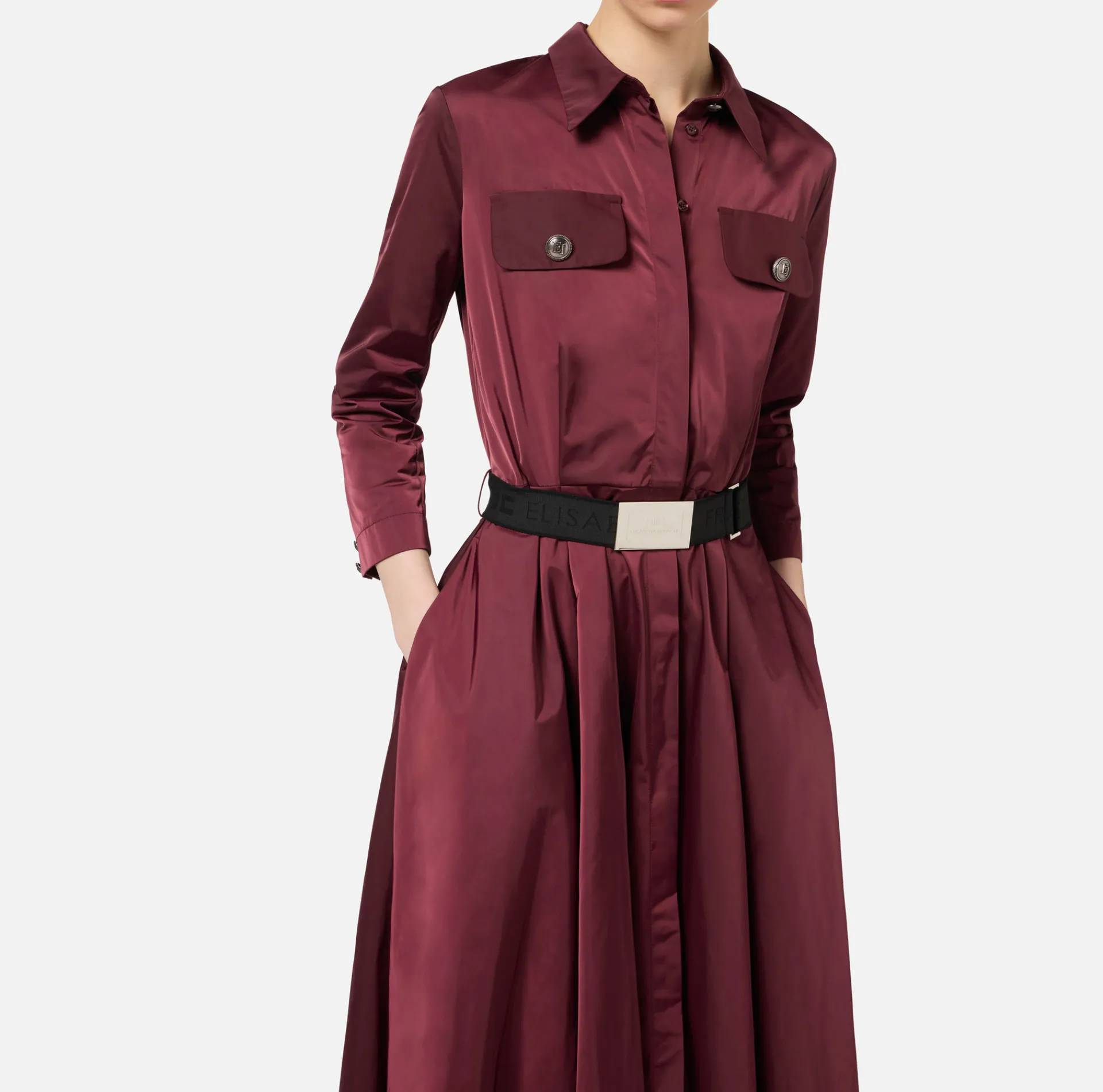 Elisabetta Franchi Midi Dresses|Dresses|Nylon midi shirt-dress with belt RougeNoir
