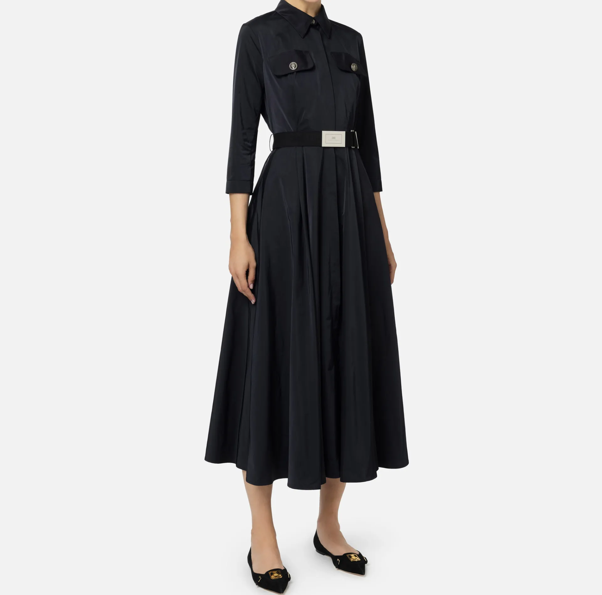 Elisabetta Franchi Midi Dresses|Dresses|Nylon midi shirt-dress with belt Black