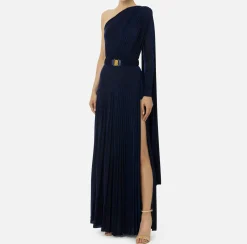 Elisabetta Franchi Red Carpet Dresses|Red Carpet|One-shoulder red carpet dress in pleated lurex jersey Navy