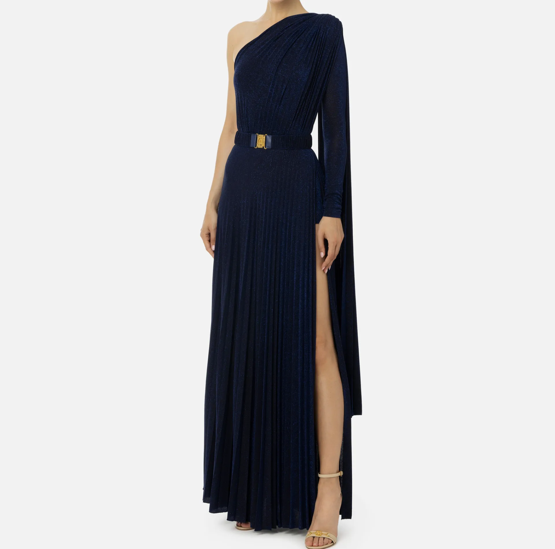 Elisabetta Franchi Red Carpet Dresses|Red Carpet|One-shoulder red carpet dress in pleated lurex jersey Navy