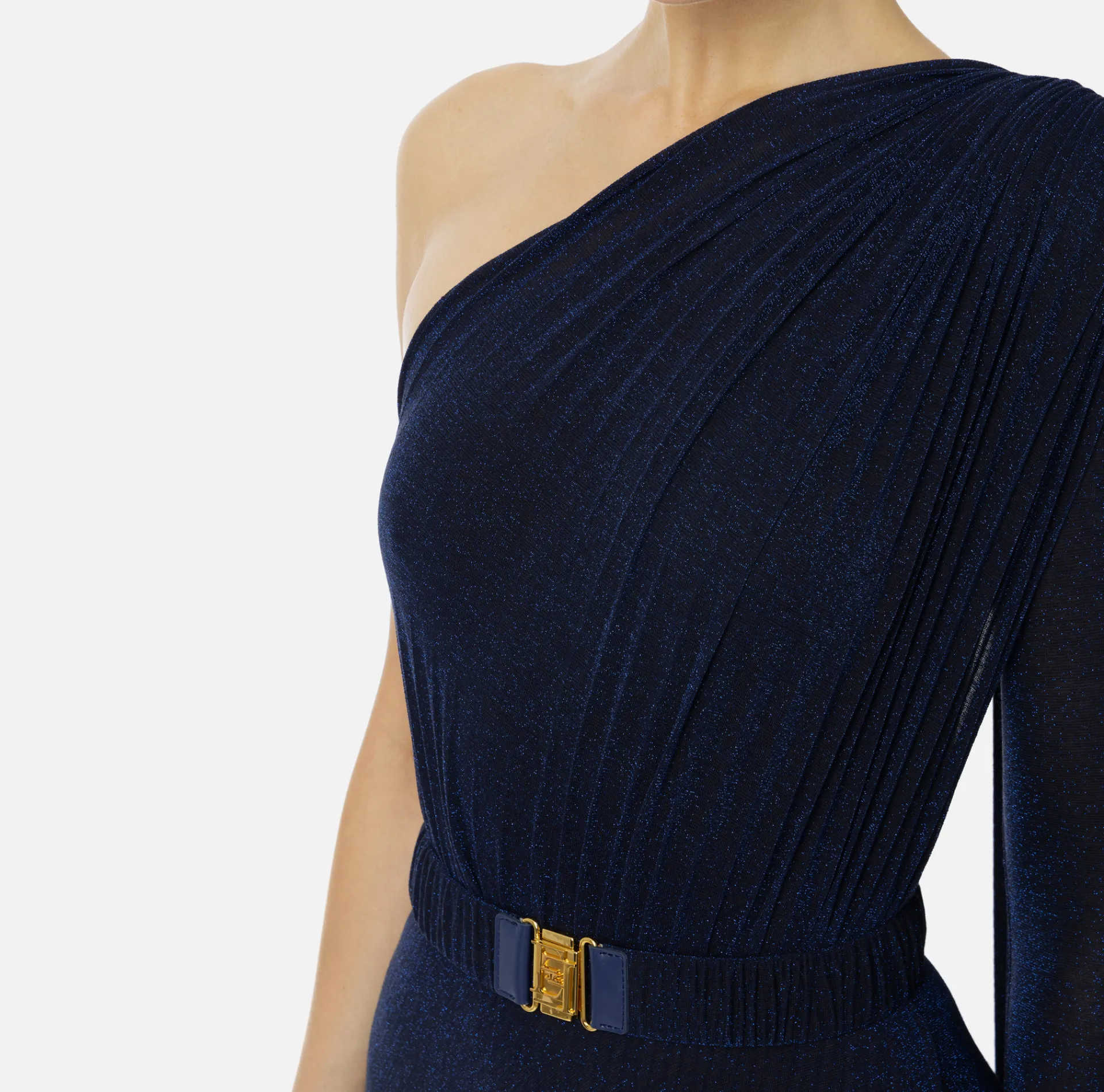 Elisabetta Franchi Red Carpet Dresses|Red Carpet|One-shoulder red carpet dress in pleated lurex jersey Navy