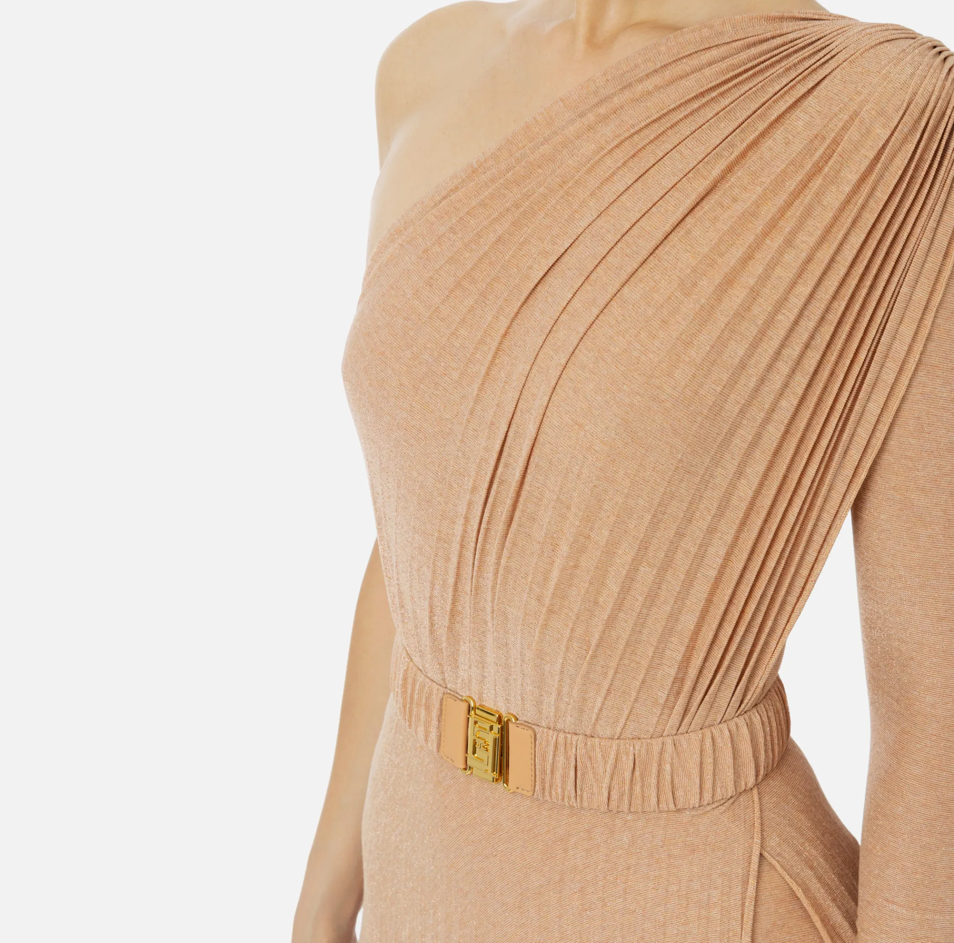 Elisabetta Franchi Red Carpet Dresses|Red Carpet|One-shoulder red carpet dress in pleated lurex jersey PeachRose