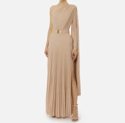 Elisabetta Franchi Red Carpet Dresses|Red Carpet|One-shoulder red carpet dress in pleated lurex jersey Nude