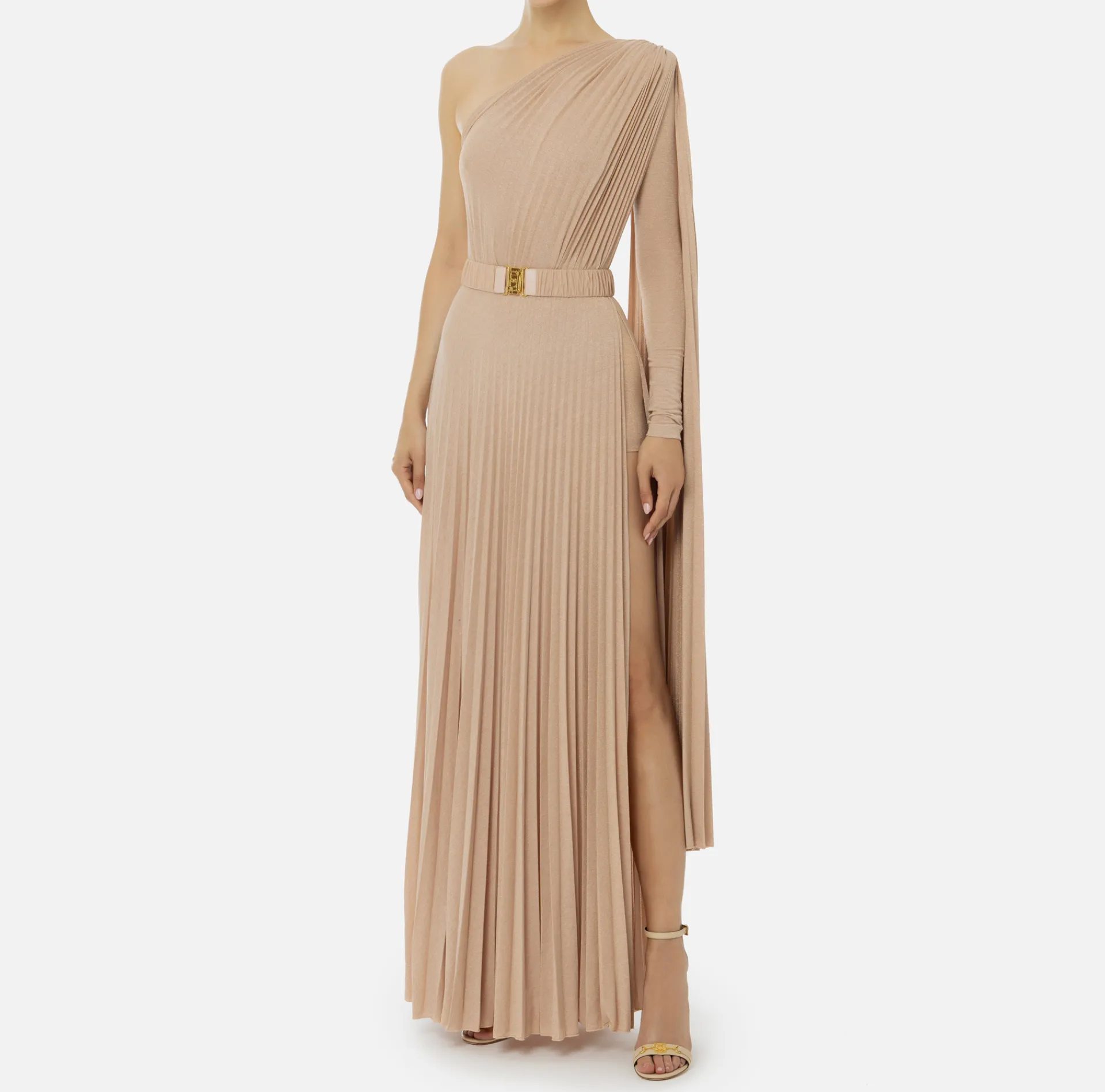 Elisabetta Franchi Red Carpet Dresses|Red Carpet|One-shoulder red carpet dress in pleated lurex jersey Nude