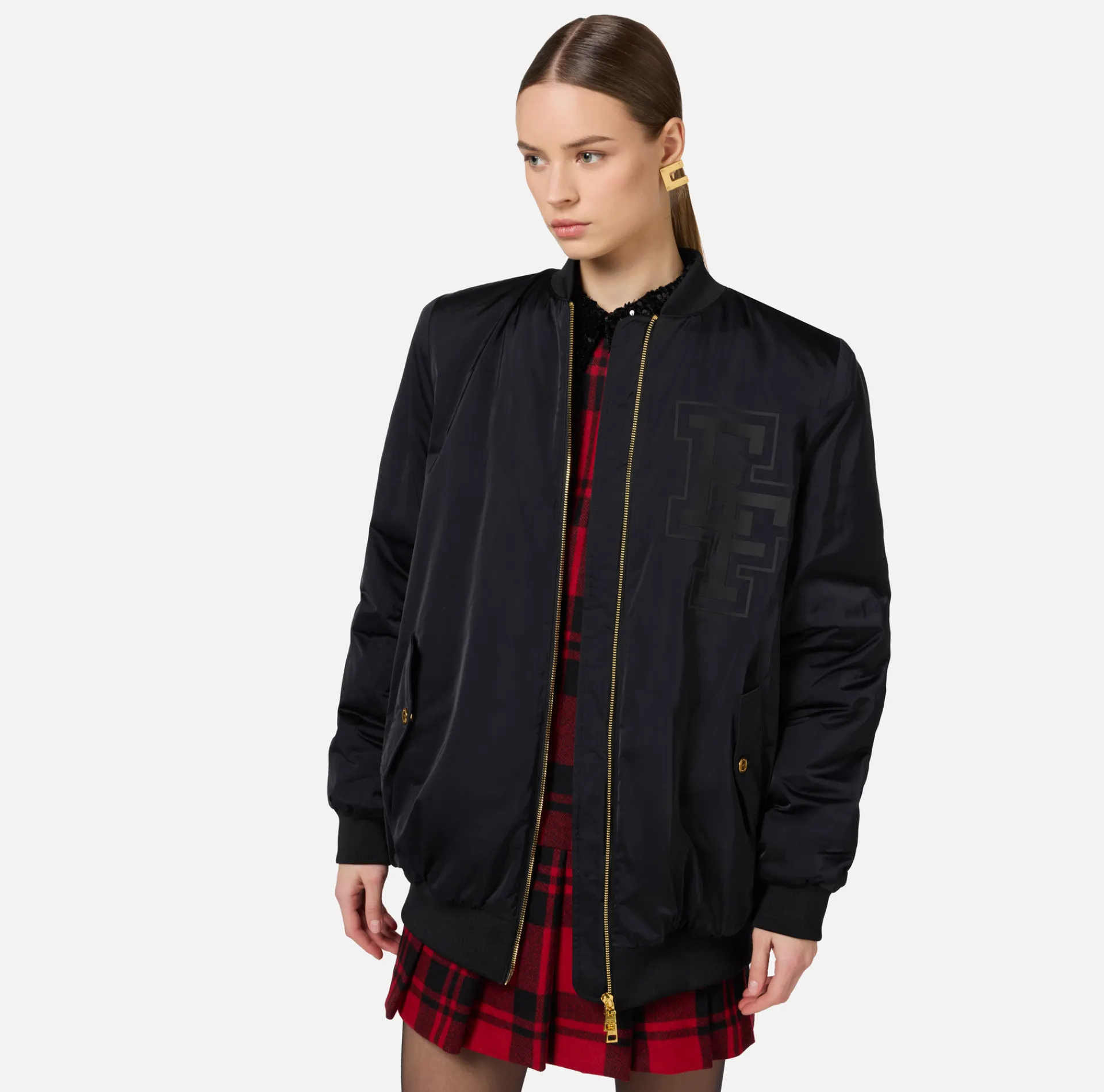 Elisabetta Franchi Coats And Jackets|Oversized bomber jacket in satin nylon with logo Black