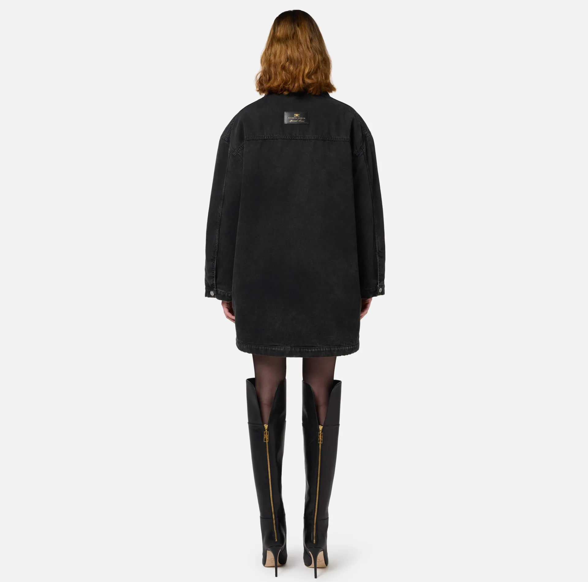 Elisabetta Franchi Jackets And Trench Coats|Oversized denim parka with faux sheepskin Black