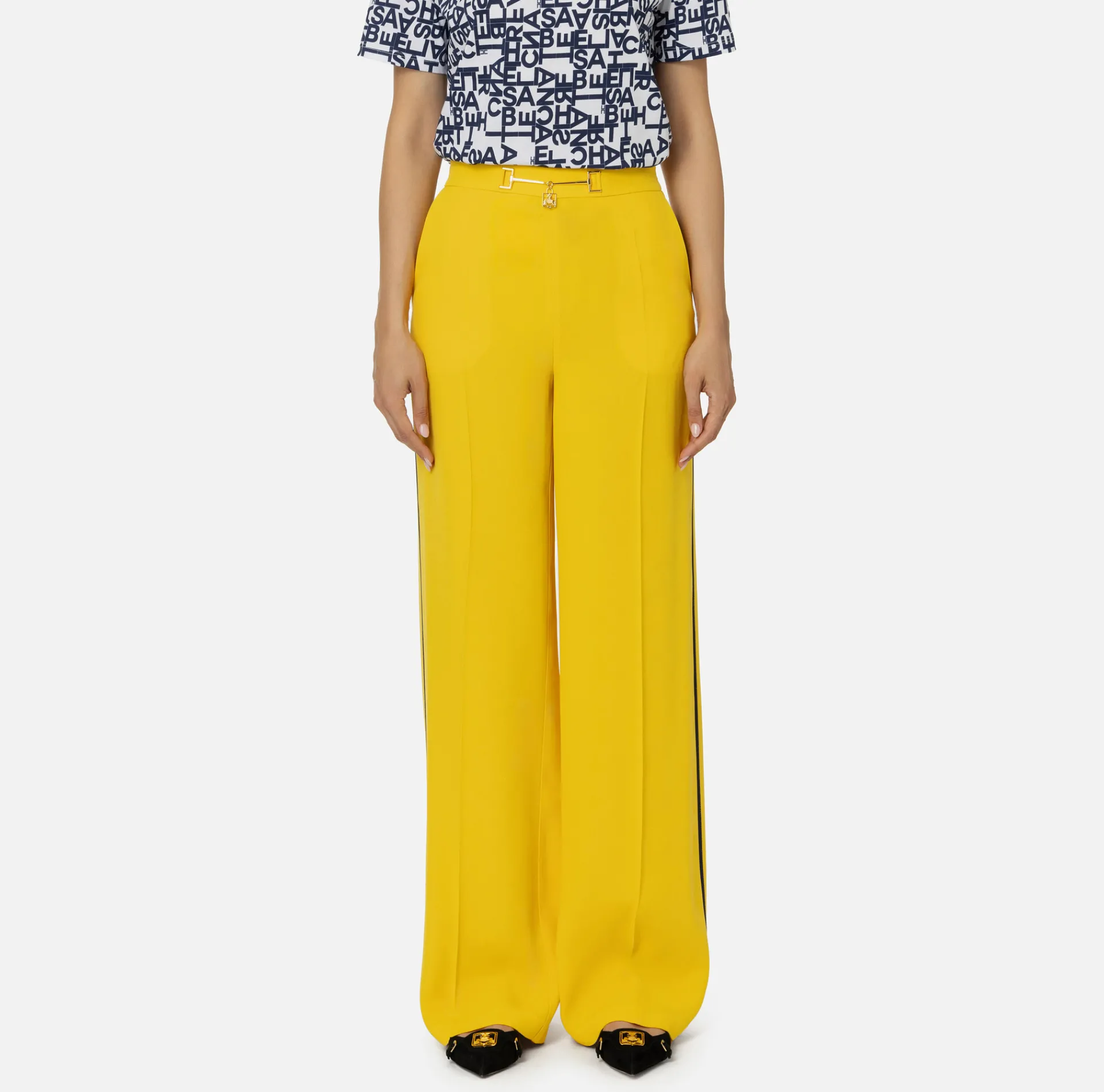 Elisabetta Franchi Trousers And Shorts|Palazzo trousers in enver satin fabric with horsebit Mimosa/Navy