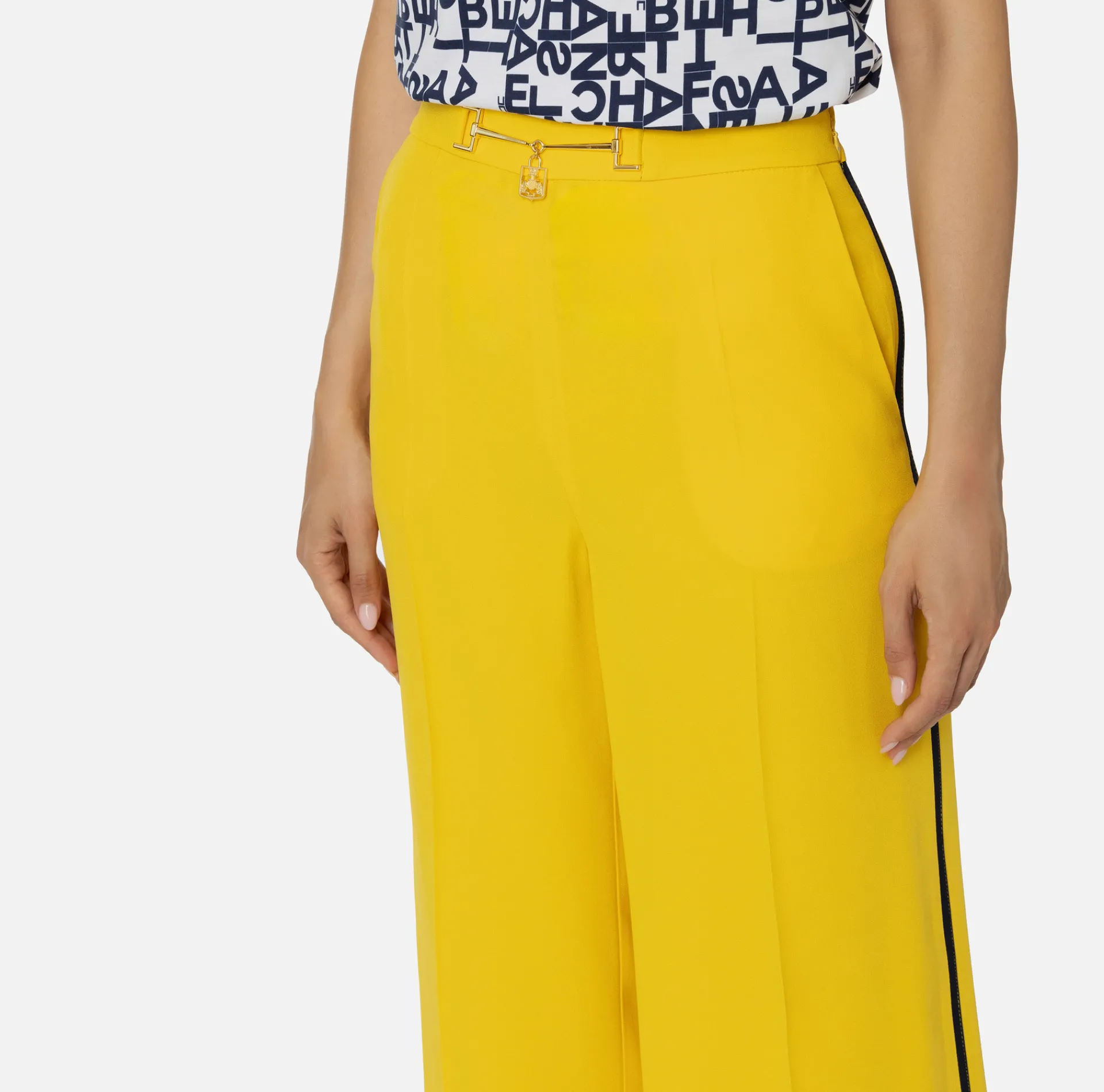 Elisabetta Franchi Trousers And Shorts|Palazzo trousers in enver satin fabric with horsebit Mimosa/Navy