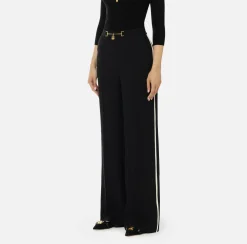 Elisabetta Franchi Trousers And Shorts|Palazzo trousers in enver satin fabric with horsebit Black/Butter