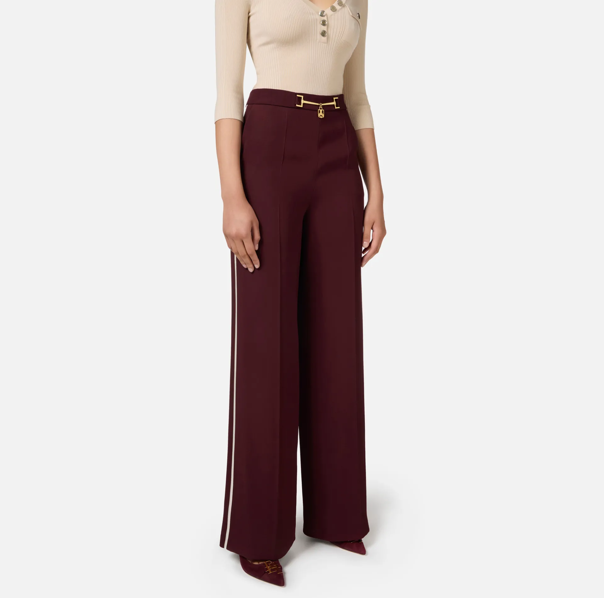 Elisabetta Franchi Trousers And Shorts|Palazzo trousers in enver satin fabric with horsebit RougeNoir/Butter