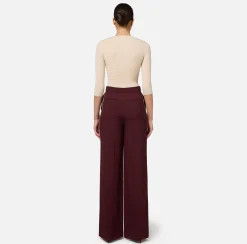 Elisabetta Franchi Trousers And Shorts|Palazzo trousers in enver satin fabric with horsebit RougeNoir/Butter
