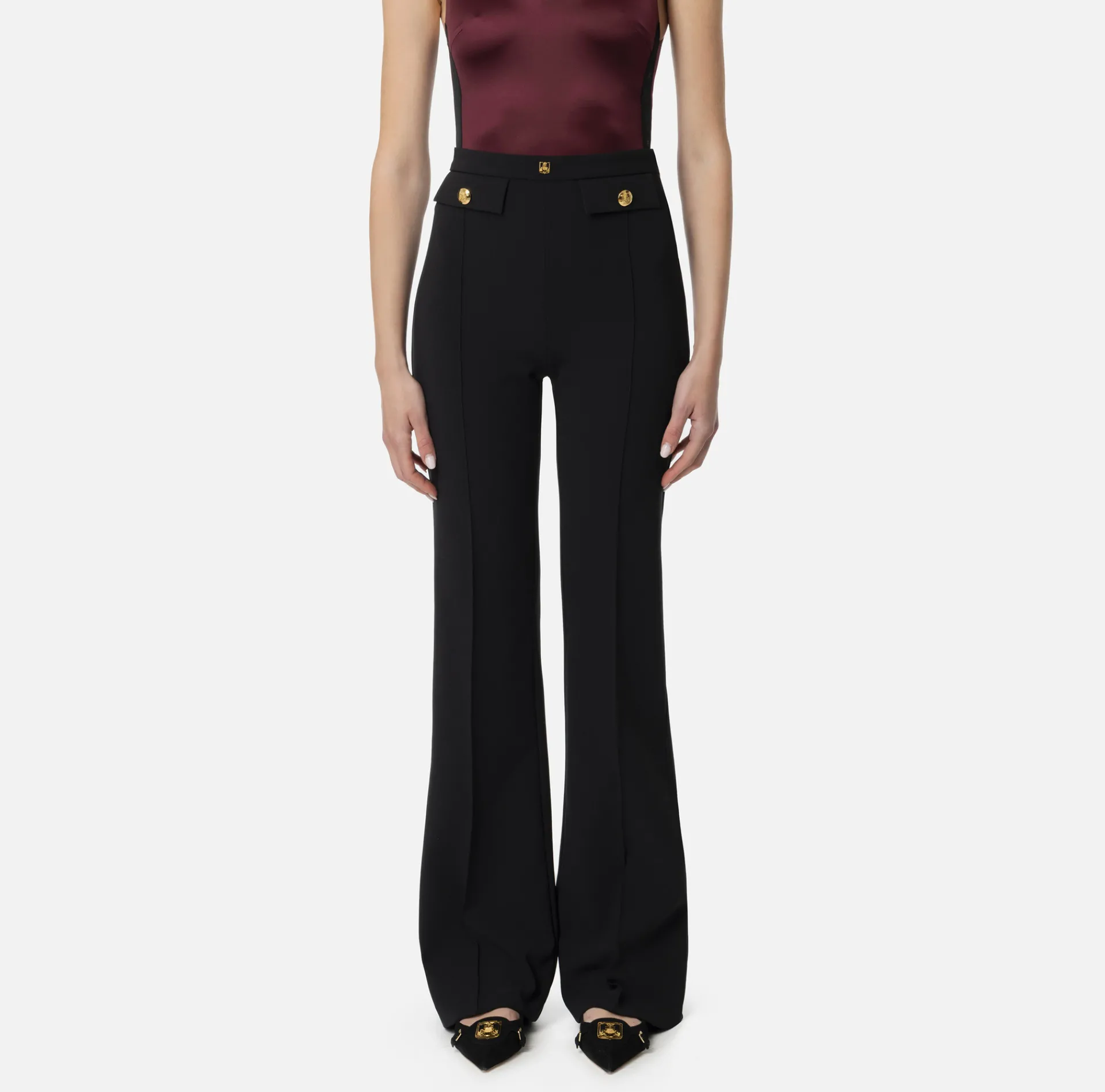 Elisabetta Franchi Trousers And Shorts|Tailleur|Palazzo trousers in stretch crêpe fabric with logo rivet Black